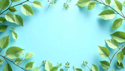 Fototapeta premium Green leaves frame on light blue background with copy space