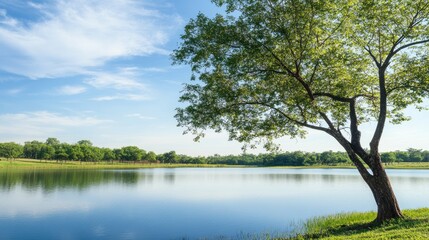 Obraz premium Serene Lake View with Lush Green Trees and Blue Sky