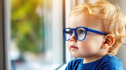 Young child wearing blue glasses focusing on distant tree outside window, symbolizing myopia prevention and importance of outdoor activities.