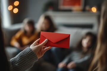 Hand holding a red envelope with blurred friends in the background.