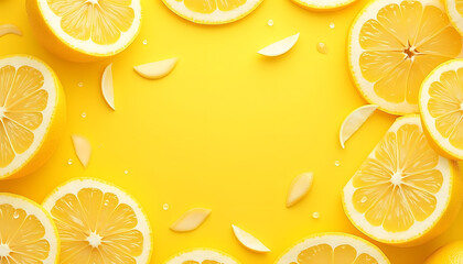 Fresh lemon slices on bright yellow background with copy space