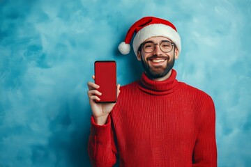 Joyful guy in a Christmas hat with a modern smartphone on a blue studio background, Generative AI