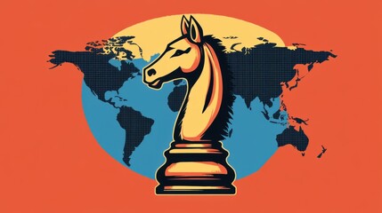 Artistic Chess Knight Against World Map Backdrop in Bold Colors