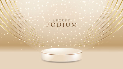 product podium with sparkle golden curve lines bokeh blur elements luxury background 3d realistic scene design vector illustration
