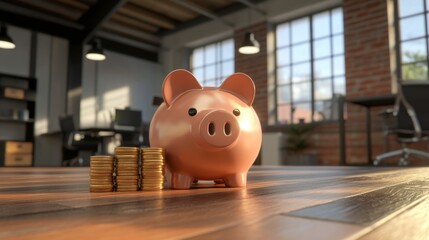 Piggy Bank and Coins in Modern Office Setting