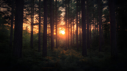 Fototapeta premium Sunset Through Pine Trees in a Forest Nature Woodland Golden Hour Landscape Photogra