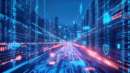 Fototapeta premium Dynamic Endless Highway of Digital Code Representing Open-Source Software Surrounded by Old and Modern Technology