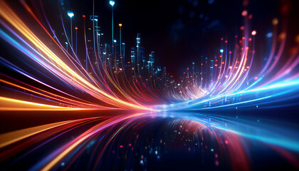 Abstract visualization of information and data exchange with luminous fiber optic threads, data flow, digital code data streaming on a dark, reflected on the black mirror