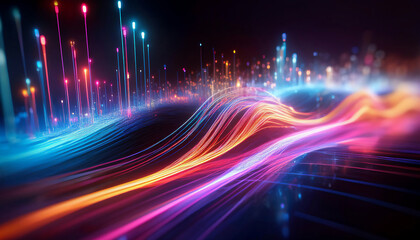 Obraz premium Abstract visualization of information and data exchange with luminous fiber optic threads, data flow, digital code data streaming on a dark, reflected on the black mirror