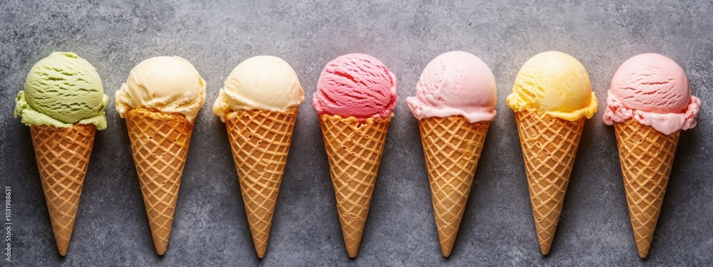 Poster colorful array of identical ice cream cones showcasing a variety of vibrant flavors and hues, entici