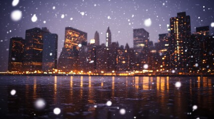 Obraz premium Snowy Night in the City: Reflecting Skyscrapers and Sparkling Lights on the Water