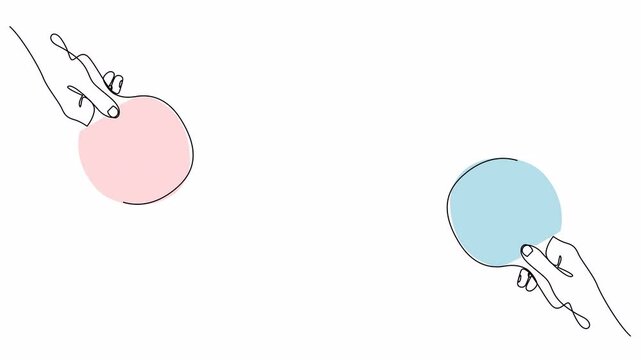 Self drawing animation of players hands holding ping pong paddles and ball drawn by continuous line. Table tennis one line art. World Tennis Day. Popular sport concept.