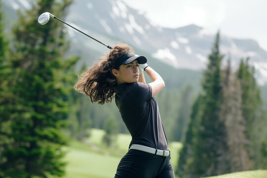A woman is swinging a golf club on a course with mountains in the background