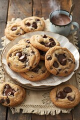 Delicious chocolate cookies on wooden table