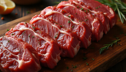 Raw beef steaks with herbs on dark background
