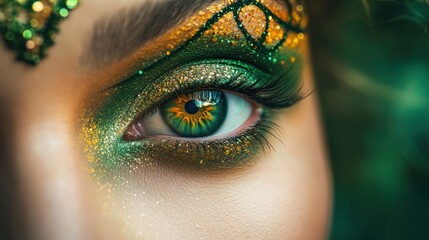 A beautifully adorned eye with vivid, metallic green eyeshadow, detailed with intricate artistic designs around the eye, giving an exotic and creative flair