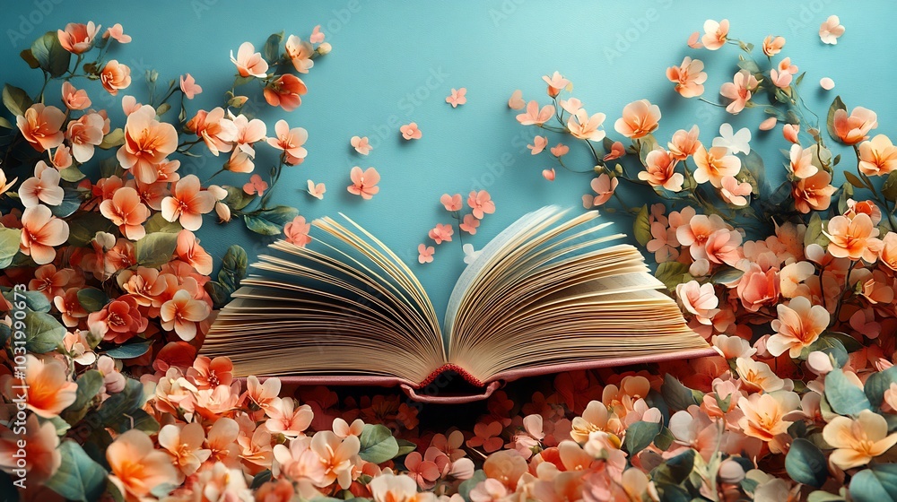 Poster festive world book day banner showcasing an open book with fluttering pages adorned with delicate fl