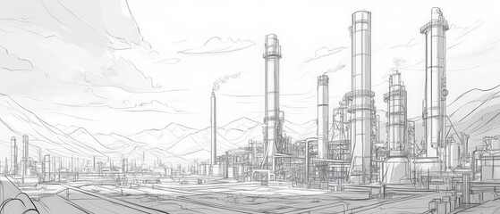 A detailed pencil sketch or architectural drawing of an industrial complex or oil refinery. A vast landscape with numerous tall smokestacks, storage tanks, and industrial structures. Generative AI