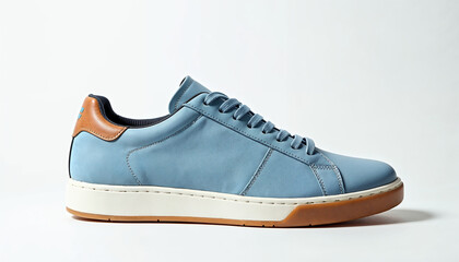 Close up of elegant light blue sports shoes in natural nubuck leather for adult men photographed on a white background. Fashion accessories.