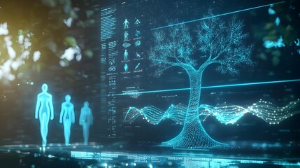 Futuristic Holographic Interface Displaying a Family s Genetic Tree and Personalized Preventative Care Strategies