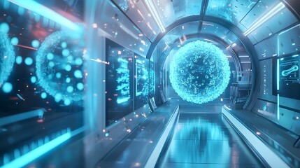 Futuristic Clinic Analyzing Patient Microbiome for Personalized Probiotic Therapy with Glowing Interactive Data Display