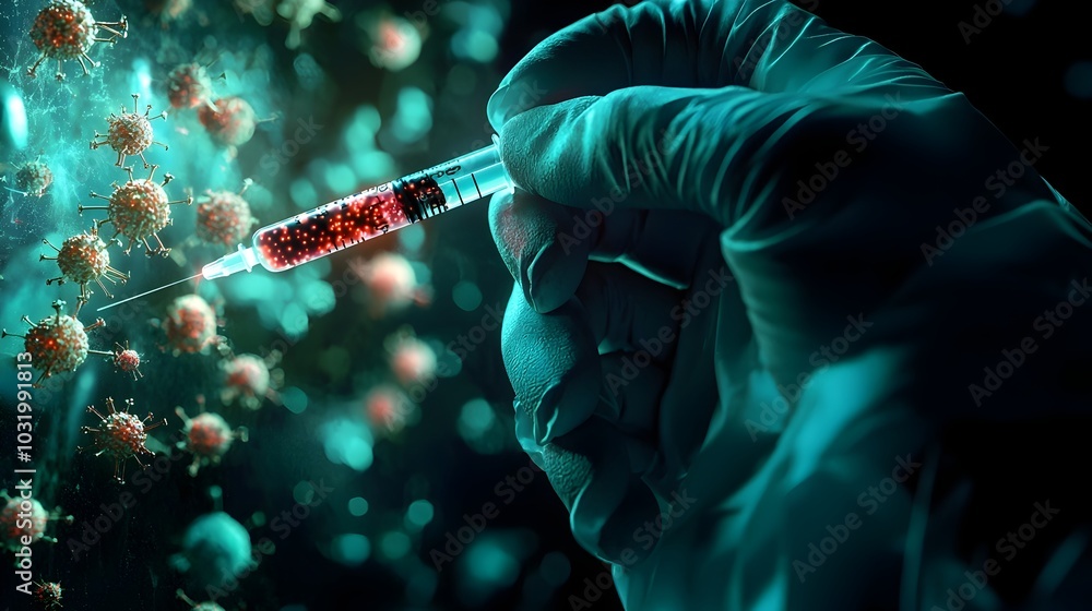 Poster personalized vaccine with glowing particles symbolizing tailored immunity