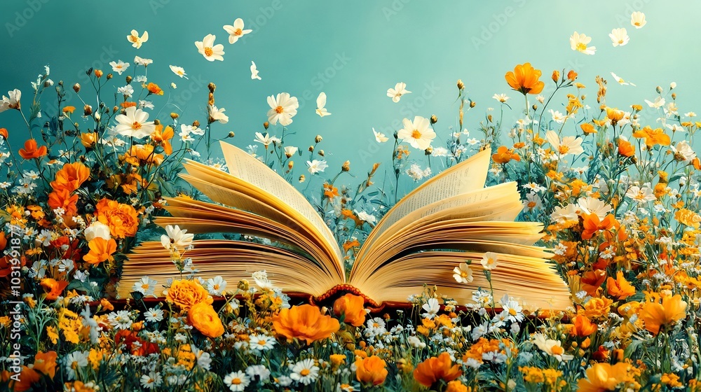 Poster festive world book day banner showcasing an open book with fluttering pages adorned with delicate fl