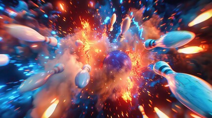 A bowling ball with a blue metallic finish, surrounded by a blur of white and blue bowling pins flying through the air, creating a cloud of smoke and sparks.