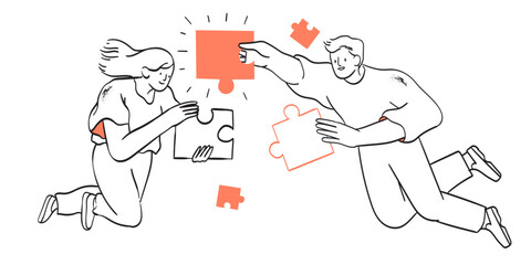People do jigsaw puzzle together. Company employees coordination, effective team building and management, personnel productivity, teamwork, leadership concept. Vector illustration in doodle line style