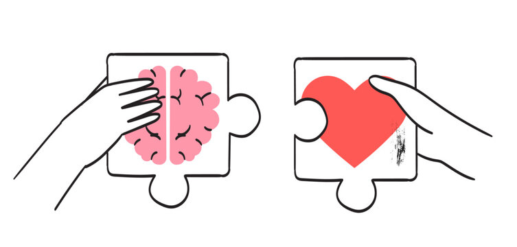 Wellness, body and brain harmony, meditation or healthcare concept. Female or male character hands hold heart and human brain puzzle. Mental and physical health, connection or balance in doodle style.