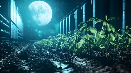 Obraz premium Futuristic Moonlit Farm with Glowing Genetically Enhanced Crops for Rapid Growth and Nutrition