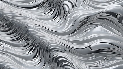 Fluid, metallic abstract waves over a soft grey background. AI-generated	