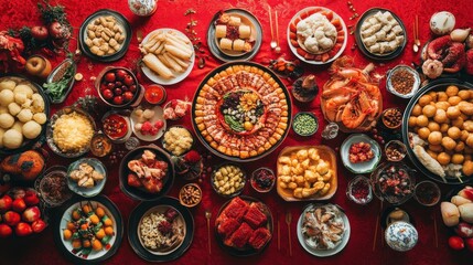 A vibrant spread of assorted dishes on a red tablecloth, beautifully arranged.