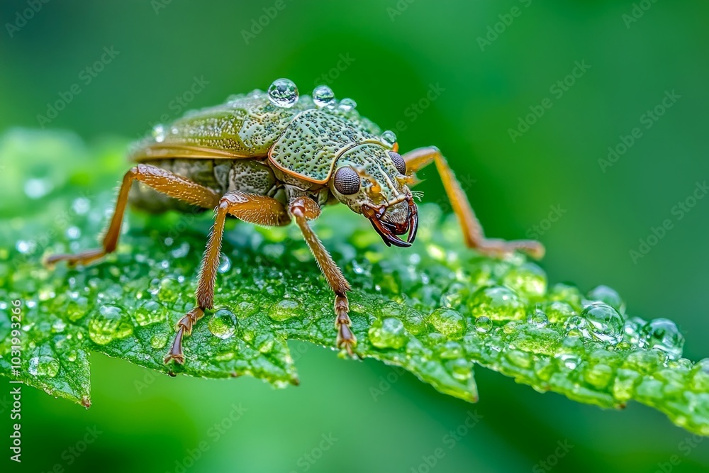 Poster a close-up view of a shiny bug on a green leaf. captured in nature, this macro shot showcases the de