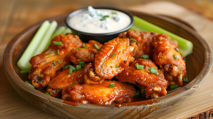 Fototapeta premium A plate of crispy buffalo chicken wings with a side of celery and blue cheese dressing