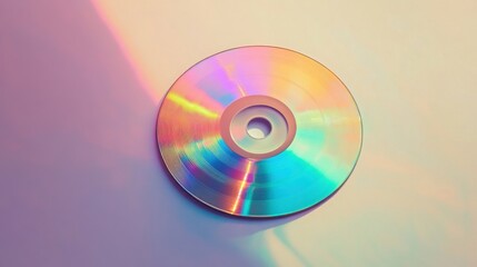 single CD disc on a white background, with rainbow-colored reflections shimmering across the surface of the disc
