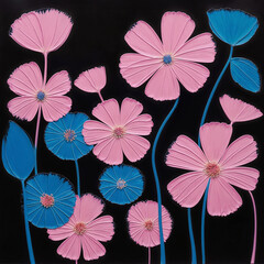 Obraz premium a painting of pink and blue flowers on a black background