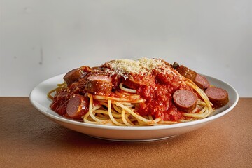 spaghetti pasta with sliced ​​sausages and tomato sauce