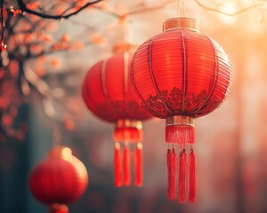 Chinese lanterns hanging gracefully in warm light, creating a festive atmosphere.