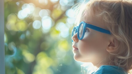 Young child wearing blue glasses focusing on distant tree outside window, symbolizing myopia prevention and importance of outdoor activities.