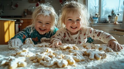 Two young children revel in the joy and mess of baking cookies in a kitchen full of flour, embodying the spirit of fun and togetherness.