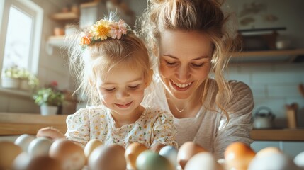 A heartfelt scene of a mother and daughter, delighting in kitchen activities with multicolored eggs and smiling warmly, symbolizing joy, love, and shared moments.