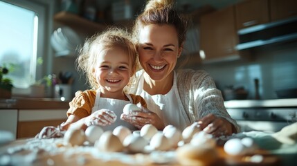 A joyful mother and daughter duo, smiling and bonding over baking activities with eggs on a kitchen table, embodying love, creativity, and familial connection.