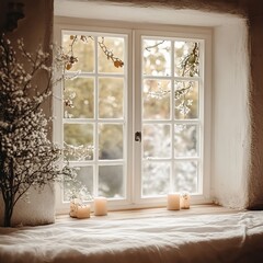 Cozy Autumn Window, Candles Glimmer, Golden Light, Fall Decor, Rustic Charm, Tranquil Scene.