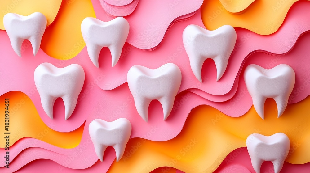 Aufkleber flat lay of paper teeth placed vibrant pink and yellow background with empty space for a message thi