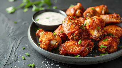 Fototapeta premium A plate of crispy chicken wings with a side of ranch dressing