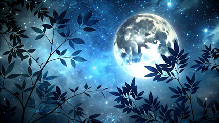 Fototapeta premium A silhouette of leaves against a starry night sky with a full moon, perfect for serene backgrounds in digital designs and nature-themed graphics.