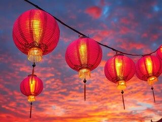 Obraz premium Colorful lanterns glowing against a stunning sunset sky.