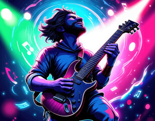 Guitarist in Neon Lights Playing Music 
