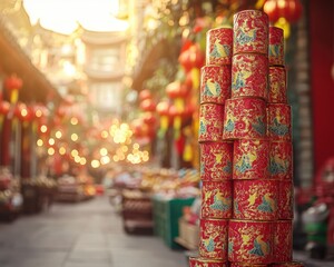 Colorful stacked tea canisters in a bustling street market.